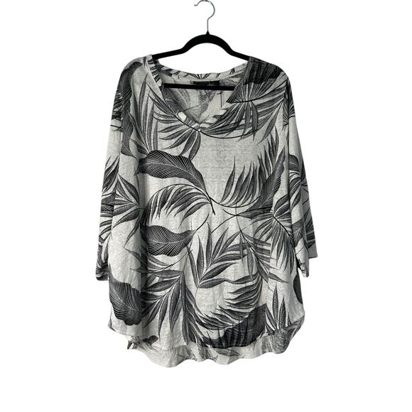 Tahari Top Size 3X 100% Linen Black White Leaf Print Tunic V-Neck Lagenlook Boho - Picture 1 of 7